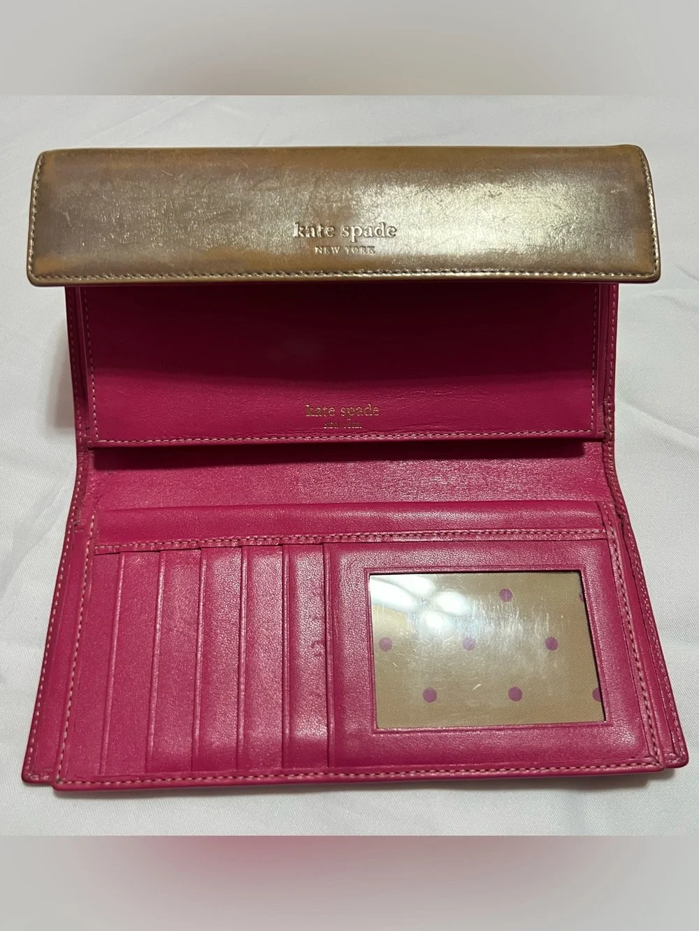 Vintage Kate Spade New York metallic gold & hot pink leather wallet